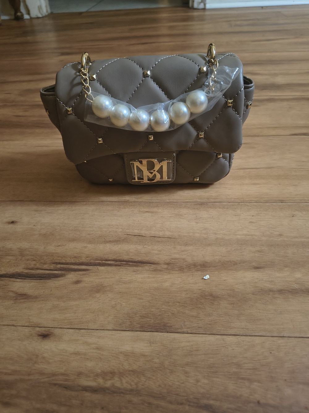 Badgley Mischka Taupe Quilted Mini Bag with Pearl Handle